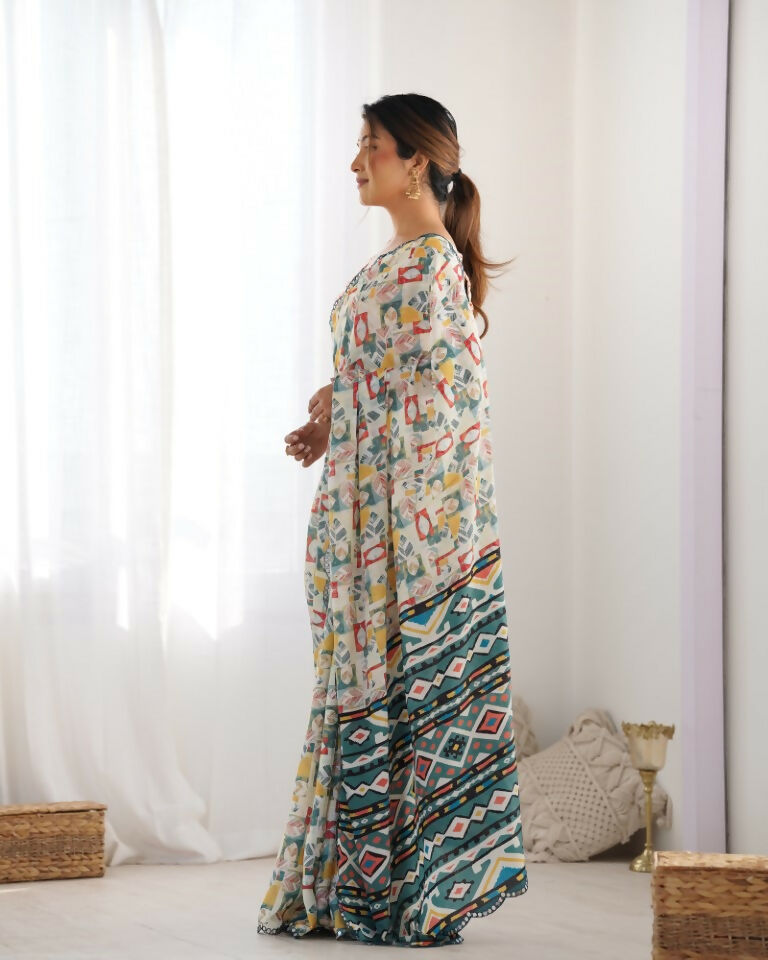 Off White Chinon Designer Digital Printed & Mirror Cut Work Saree - Kriti | Grocsy