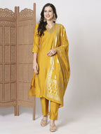 Yellow PV Chanderi Embroidery Work Kurta Set - Riya | Grocsy
