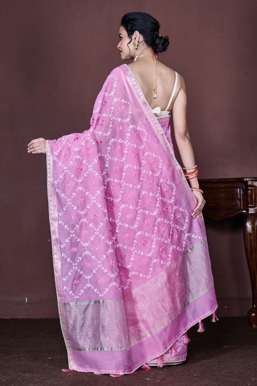 Morchari Pink Cotton Chanderi Embroidery Saree Unstitched Blouse | Grocsy