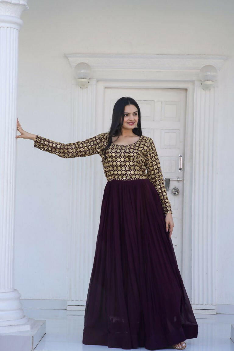 Jyoti Fashion Women's Wine Sequence Zari Embroidered Faux Blooming Anarkali Dress | Grocsy