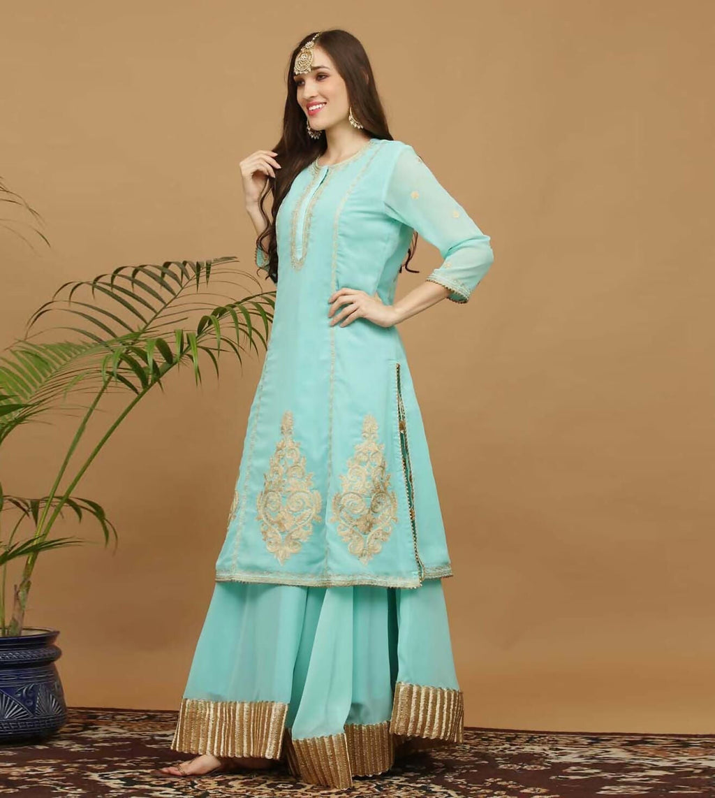 Joban Fashion Turquoise Georgette Lehenga Set | Grocsy