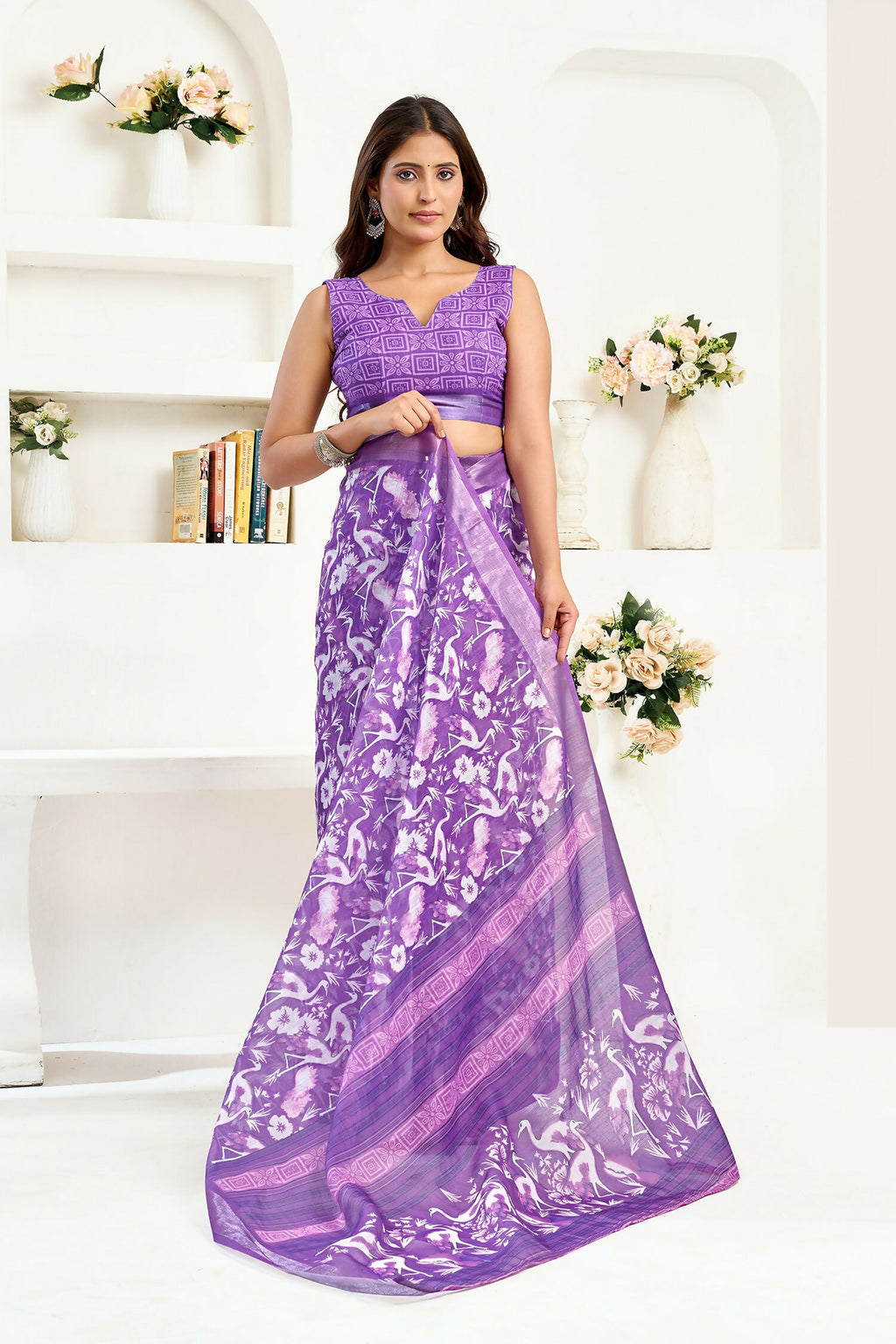 Joban Fashion Purple  Floral And Bird Motifs Linen Ready To Wear Saree With Unstitched Blouse | Grocsy