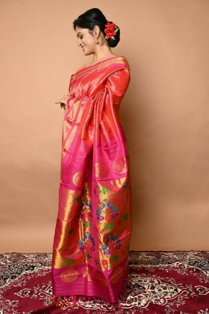 Very Much Indian Silk Handloom Maharani Paithani Complete Brocade Work Throughout Saree Peach Pink | Grocsy