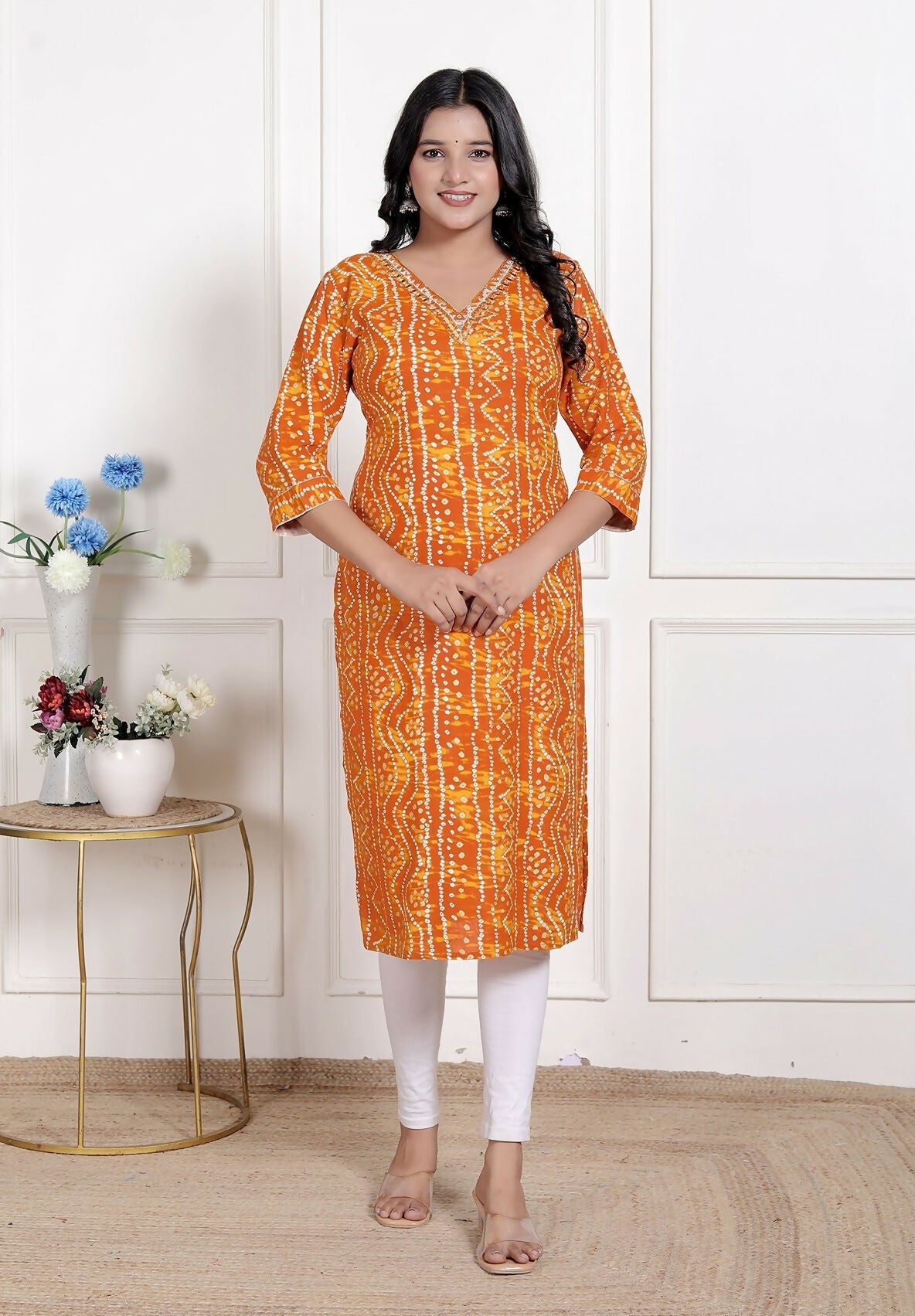 Miravan Womens Yellow Bandhani Printed Straight Kurti | Grocsy