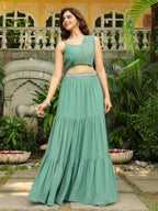 Janasya Sage Green Georgette Embellished Lehenga Choli | Grocsy