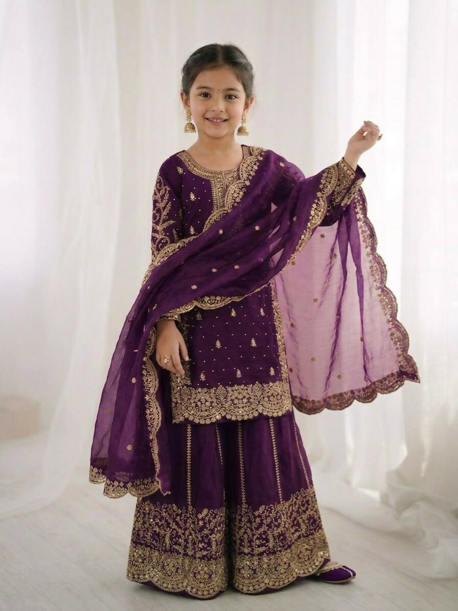 Teeya Creation Girls Heavy Embroidery Purple Ethnic Kurta And Palazzo Set With Net Dupatta | Grocsy