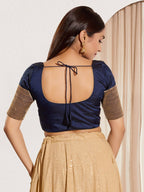 Joban Fashion Navy Blue Taffeta Silk Padded Blouse With Round Neck Elbow Sleeves | Grocsy
