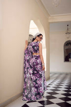 Vastranavya Grey Weightless Marble Printed & Pearl Lace Border Saree with Unstitched Blouse | Grocsy
