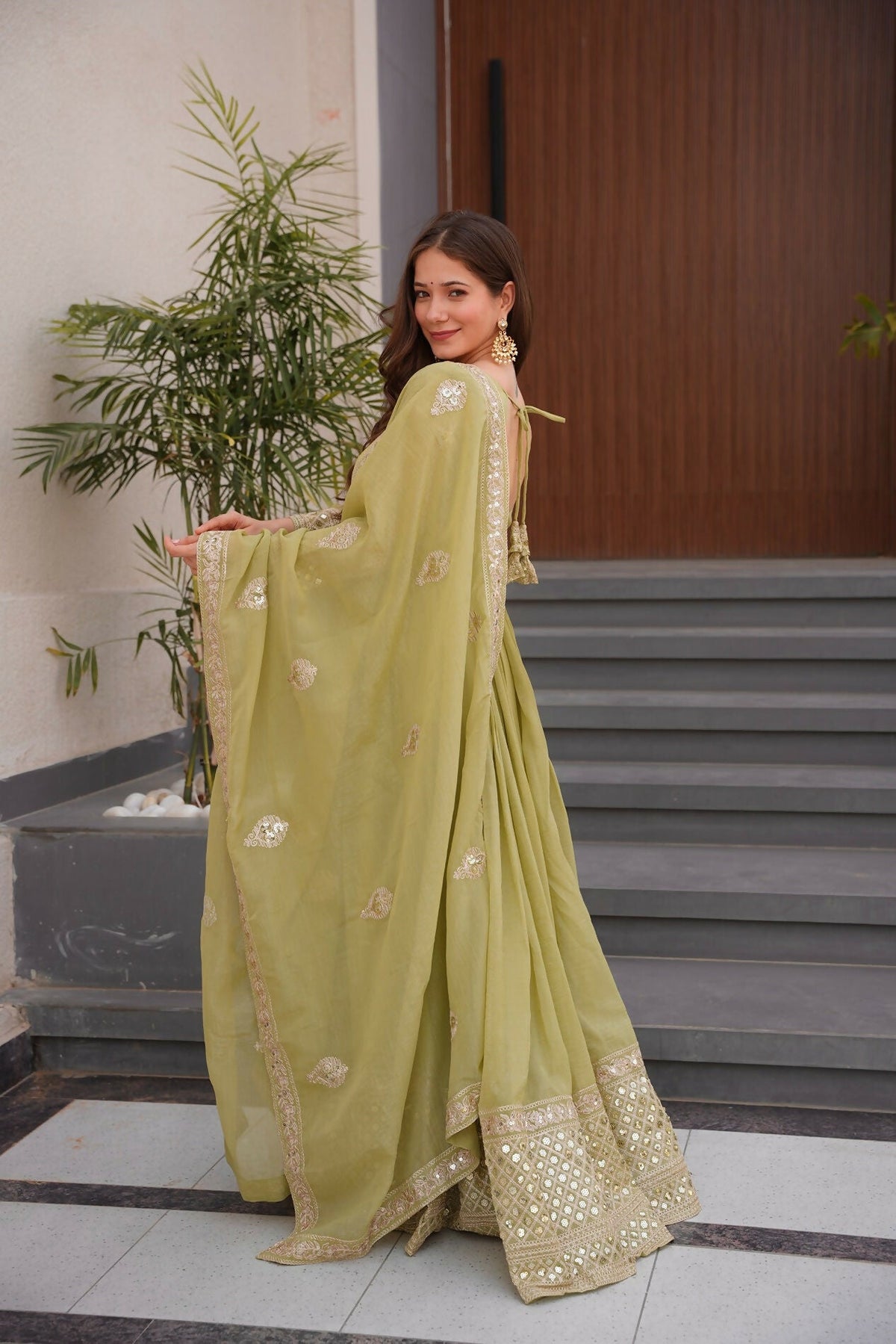Teeya Creation Olive Color Crunchy Silk Wedding Wear Embroidery Work Long Gown | Grocsy