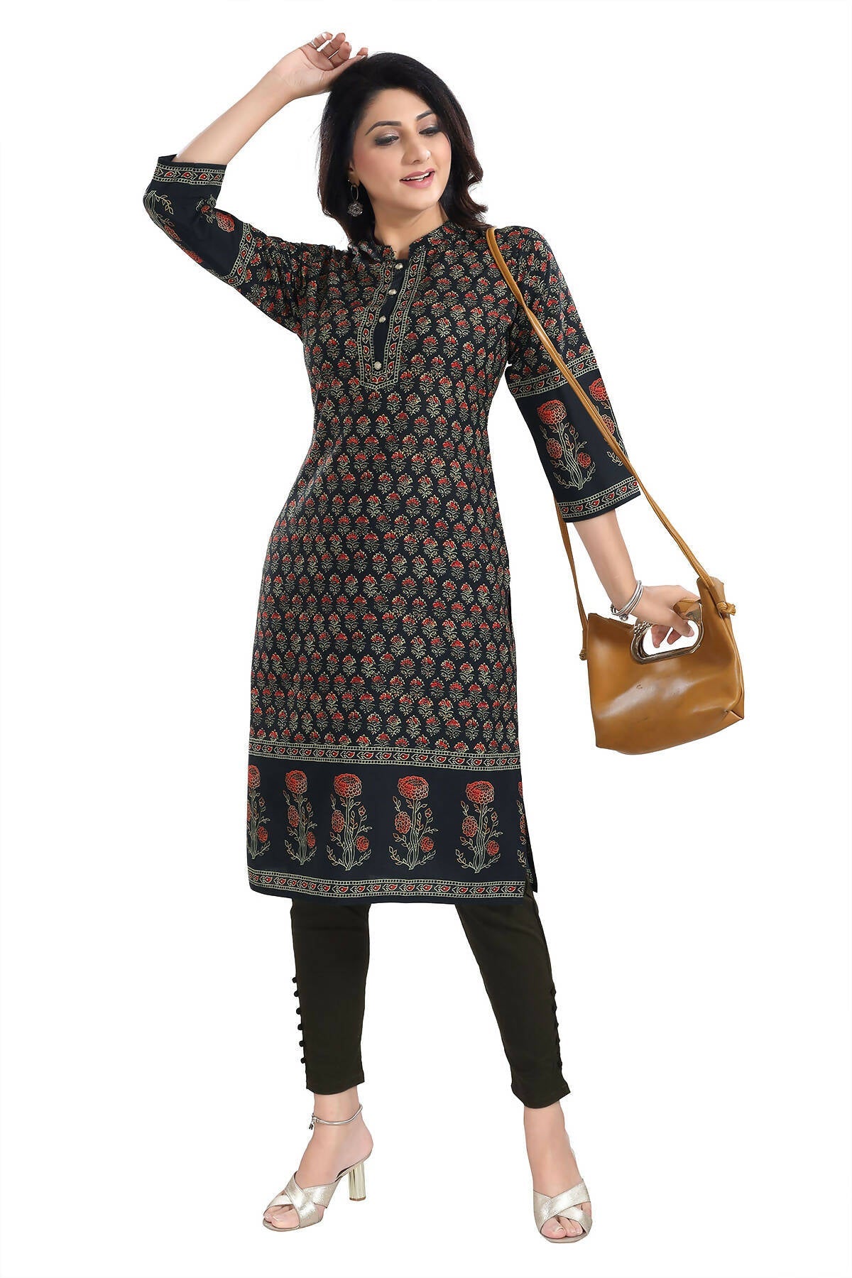 Snehal Creations Breathtaking Black Designer Digital Print Cotton Slub Fabric Long Kurti Tunic | Grocsy