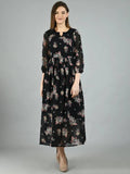 Myshka Women's Black Georgette Printed 3/4 Sleeve Round Neck Casual Dress | Grocsy