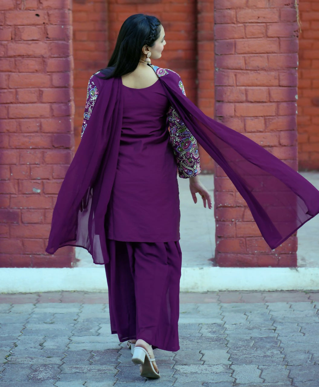 Joban Fashion Wine Silk Embroidered Sharara Set | Grocsy
