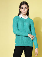 Women Pointelle Green Acrylic Winter Sweater - Wool Trees | Grocsy