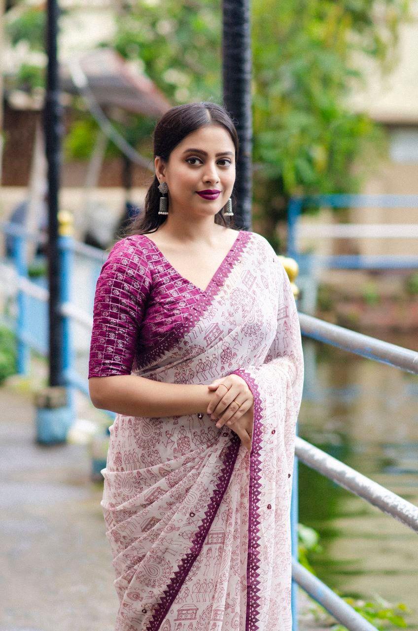 Purple Pure Georgette Warli Saree with Unstitched Blouse - A2M | Grocsy