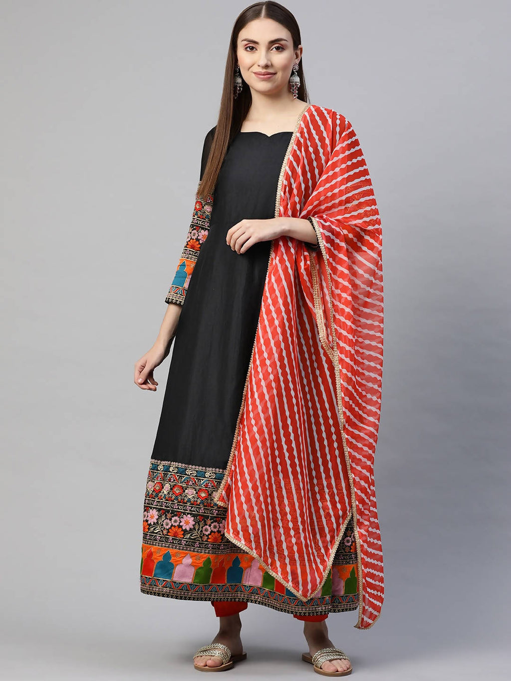 Myshka Multicolor Solid 3/4 Sleeve Sweetheart Neck Anarkali Gown With Dupatta | Grocsy