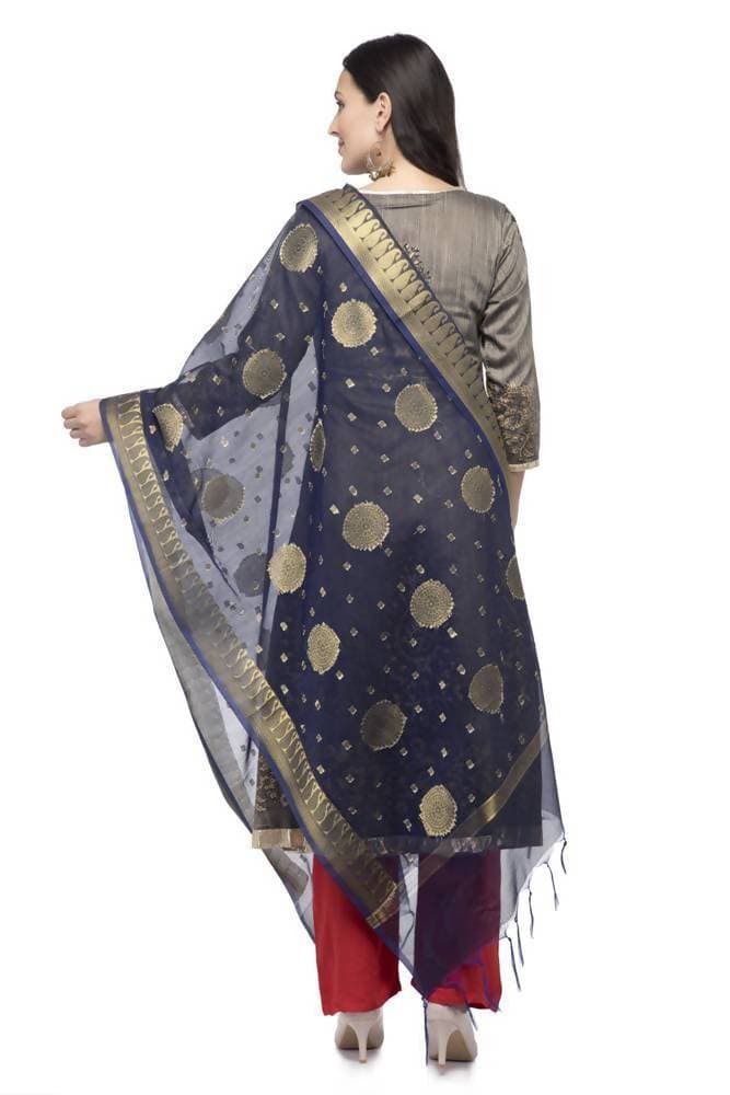 A R Silk Women's Vanarsi Silk Zari Border Embroidery Navy Blue Fancy Dupatta | Grocsy