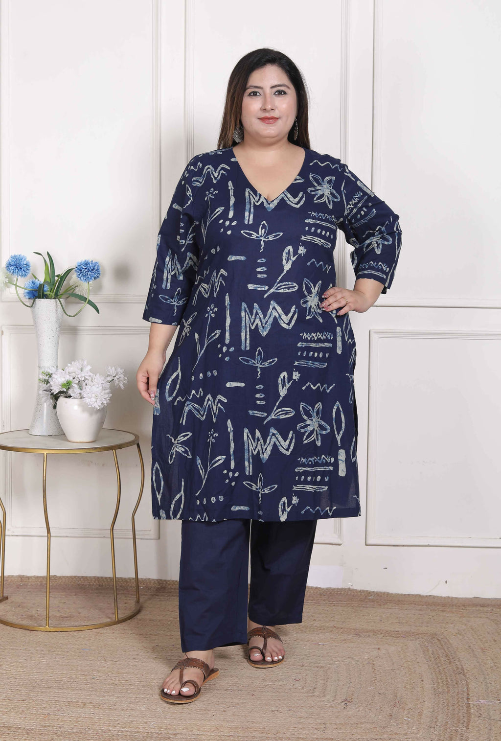Miravan Women's Plus Size Abstract Printed Cotton Blue Kurta Set | Grocsy