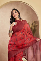 Vastranavya Rust Digital Printed Linen Ready To Wear Designer Saree with Unstitched Blouse | Grocsy