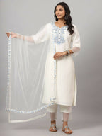 Juniper Women's White Chinnon Solid Embroidered Kurta Set | Grocsy