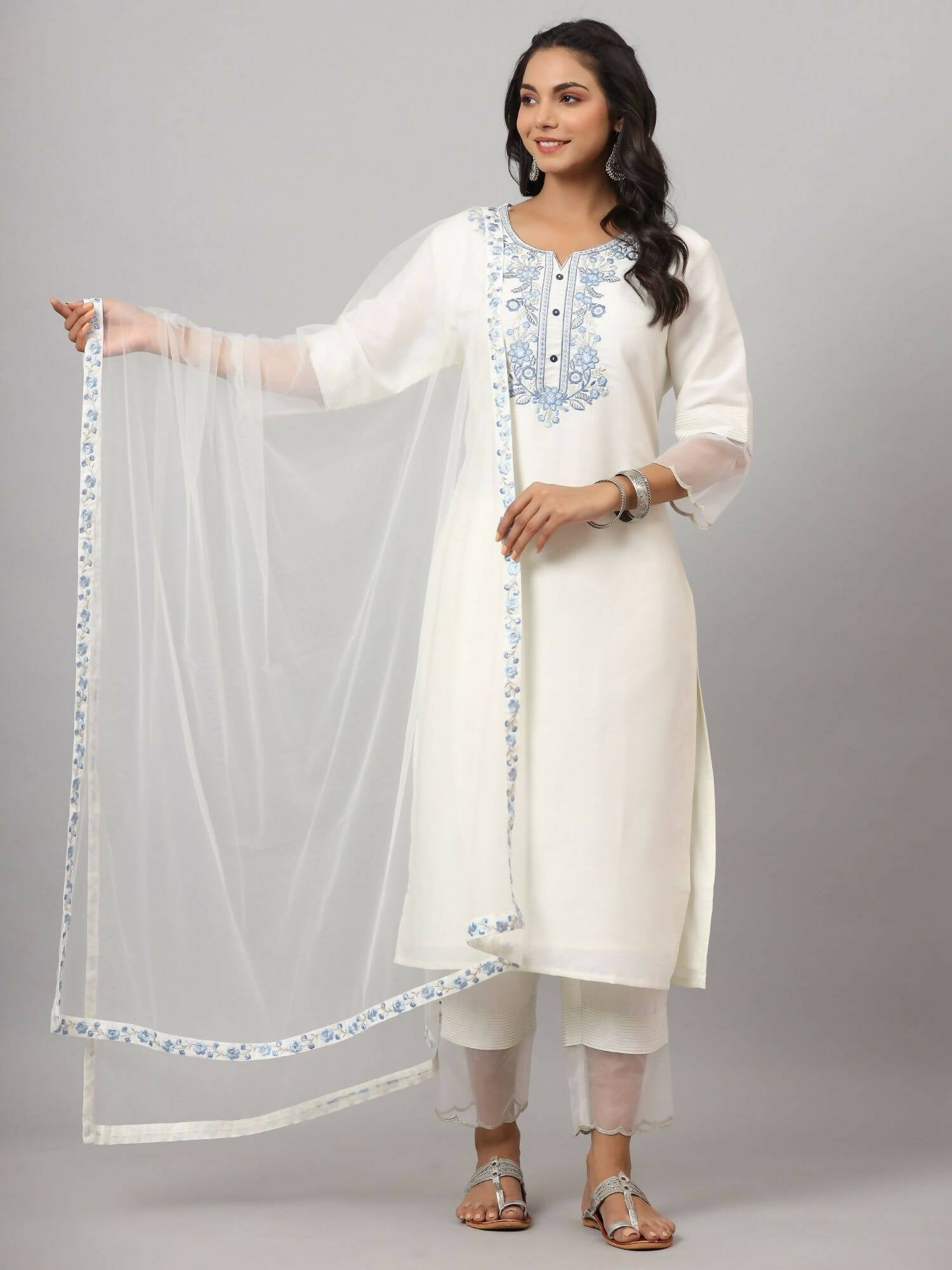 Juniper Women's White Chinnon Solid Embroidered Kurta Set | Grocsy