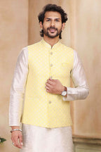 Raivat Ethnic Jacquard Banarasi Silk Woven Work 3 Pics Jacket Set In Yellow Colour | Grocsy