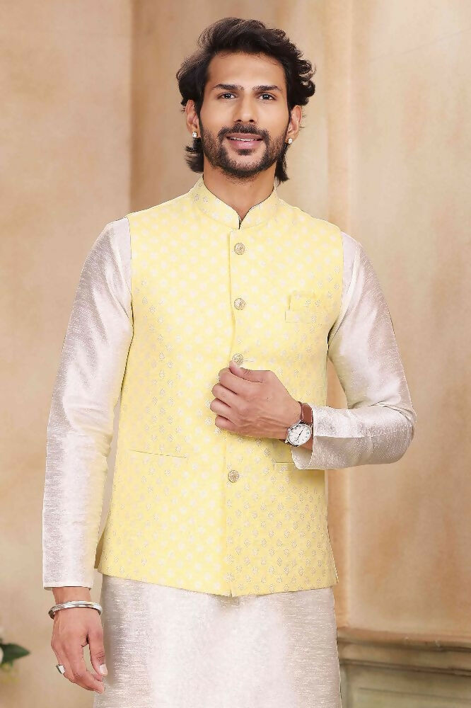 Raivat Ethnic Jacquard Banarasi Silk Woven Work 3 Pics Jacket Set In Yellow Colour | Grocsy
