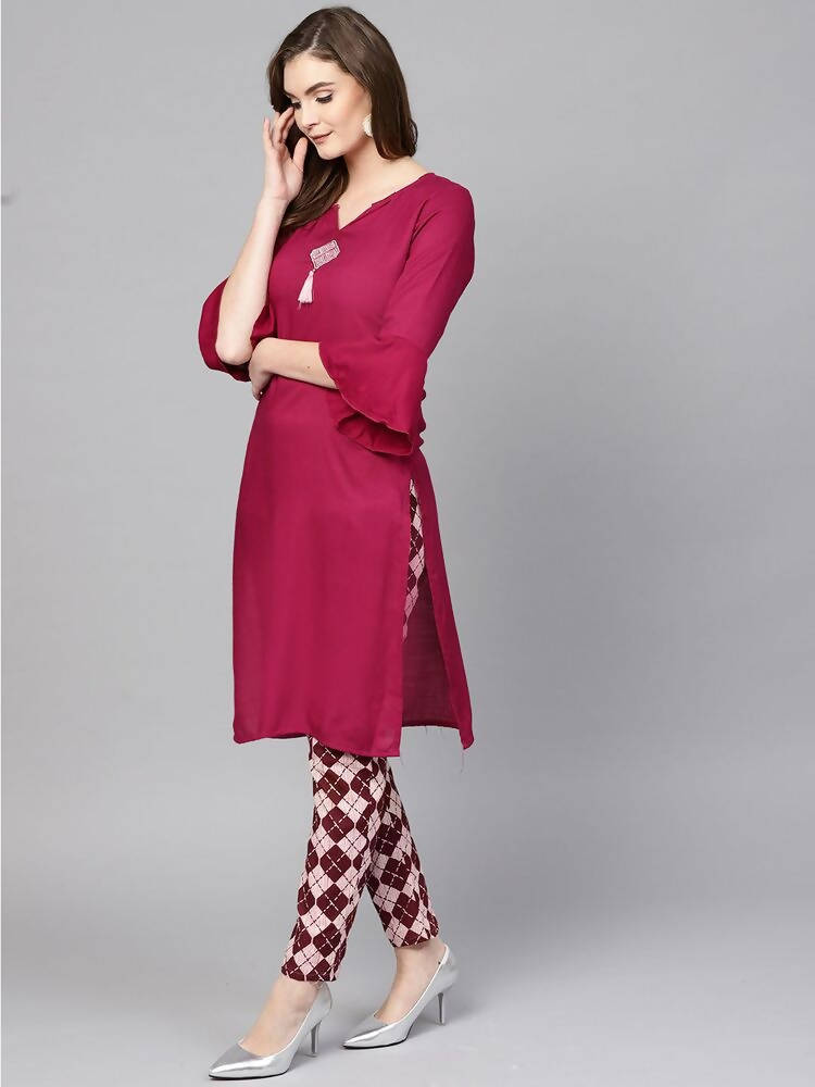 Yufta Women Burgundy Solid Bell Sleeves Straight Kurta with Tassel Detail | Grocsy