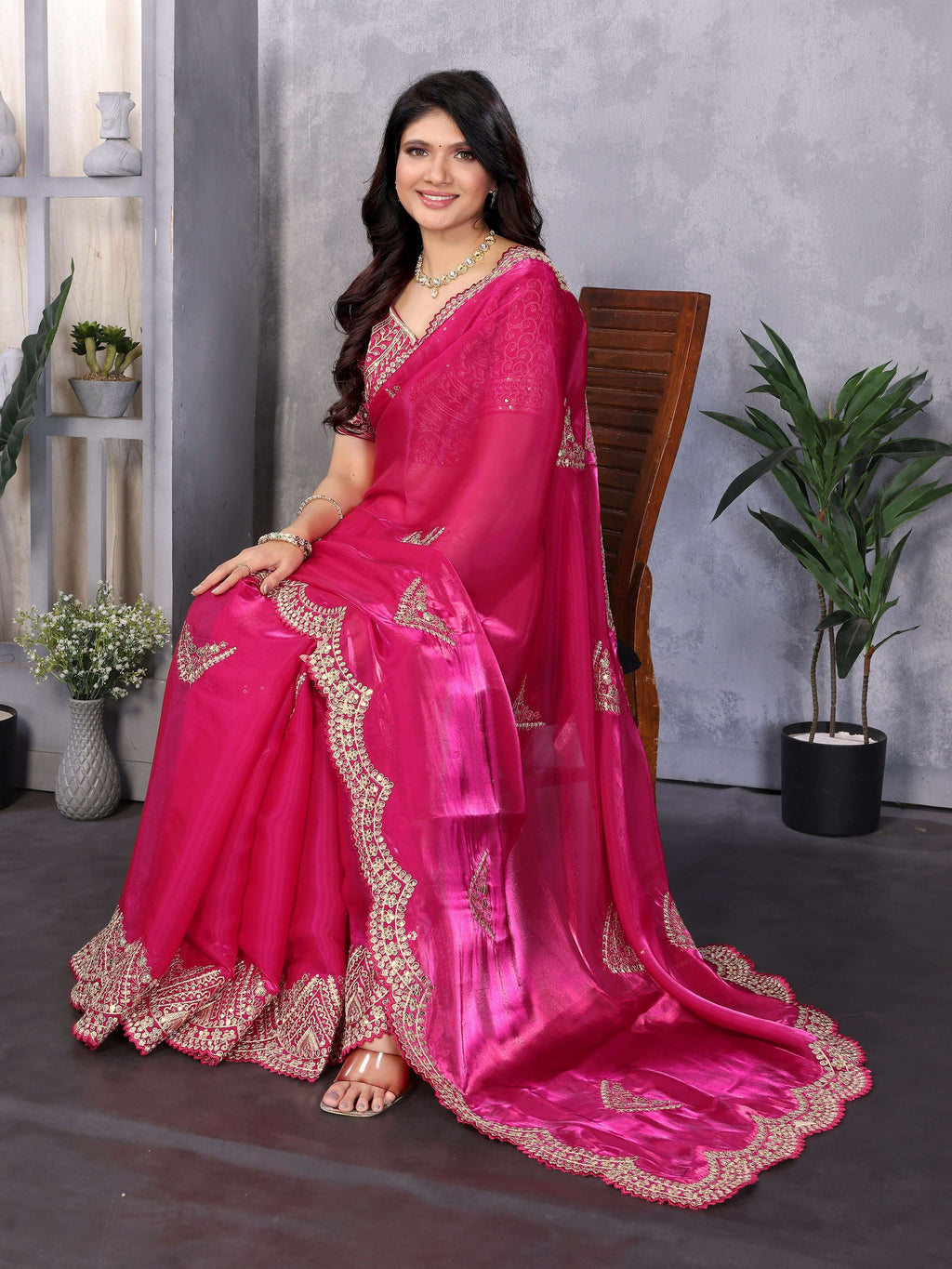 Vastranavya Pink Embroidery Work Shimmer Chiffon Saree with Unstitched Blouse | Grocsy