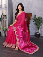 Vastranavya Pink Embroidery Work Shimmer Chiffon Saree with Unstitched Blouse | Grocsy