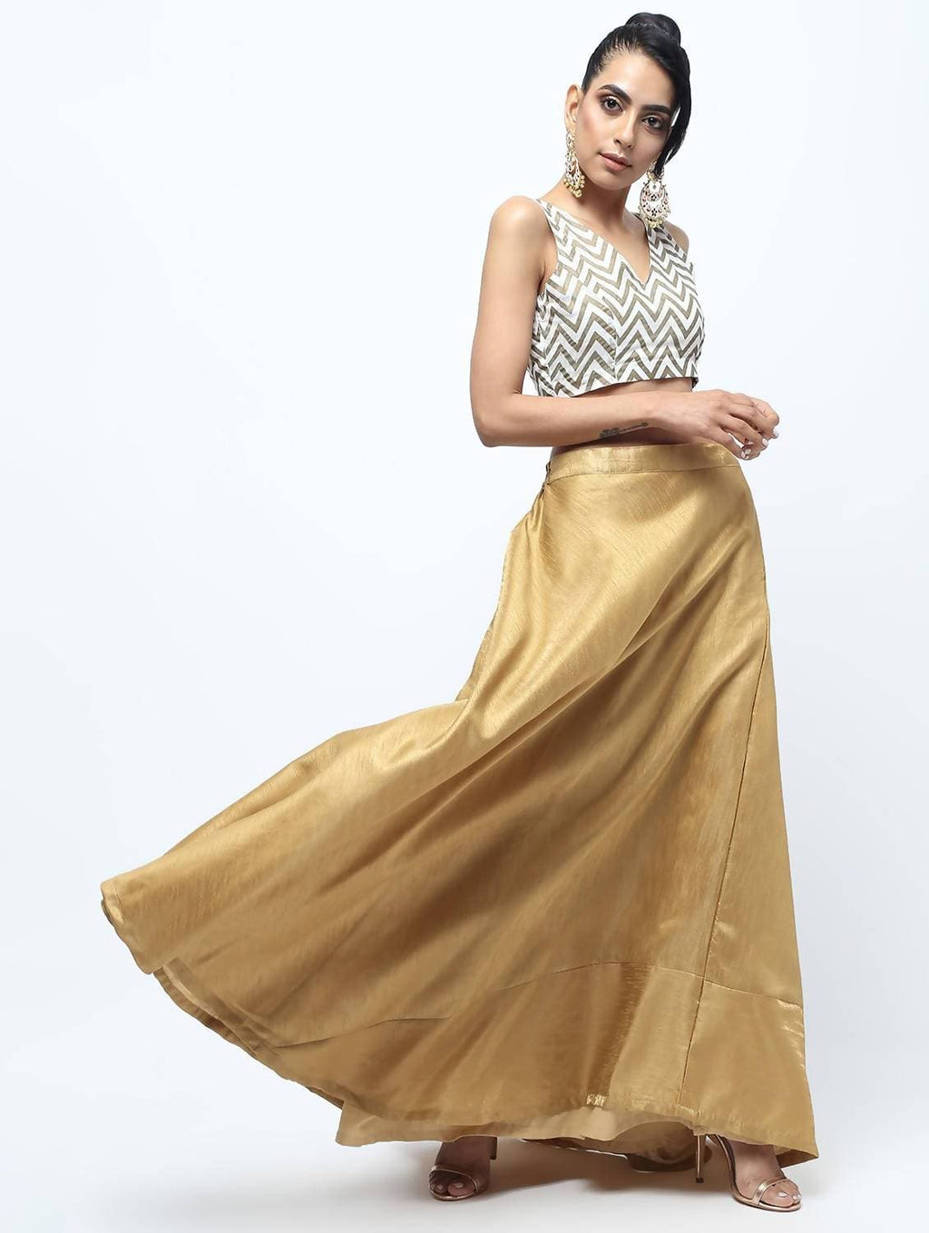 Cheera Golden Color Silk Blend Long Skirt | Grocsy