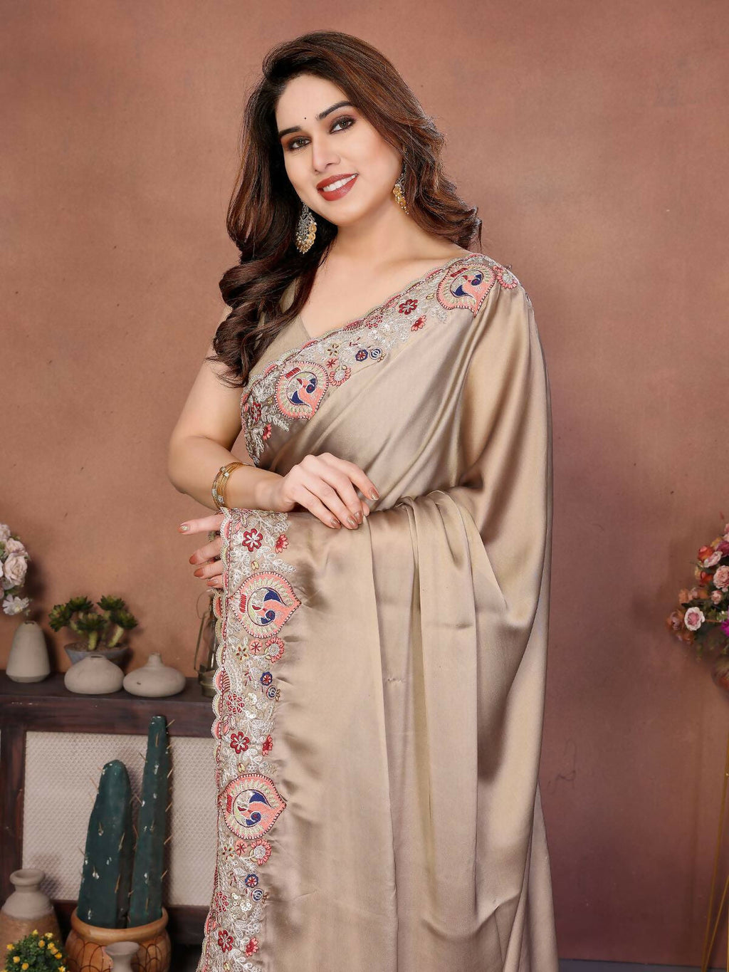 Teeya Creation New Trendy Party Wear Soft Silk Saree-Brown | Grocsy