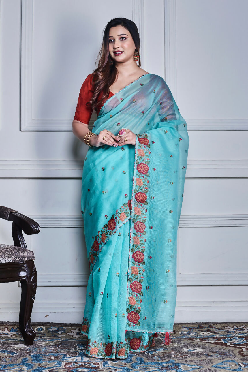 Morchari Green Supernet Cross Stitched Embroidery Saree Unstitched Blouse | Grocsy