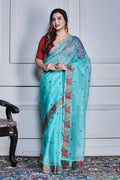 Morchari Green Supernet Cross Stitched Embroidery Saree Unstitched Blouse | Grocsy