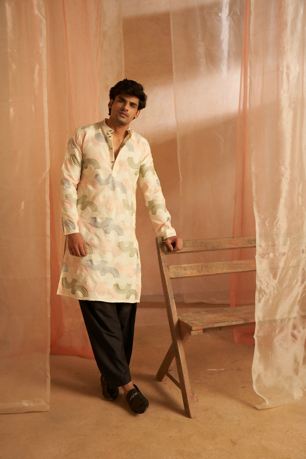 Cream Linen Designer Embroidery Work Men's Kurta Set - Mahotsav | Grocsy
