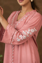Gharana India Jashn Premium Women's Chikankari Embroidered Twilight Silk Co-ord Set - Onion Pink | Grocsy