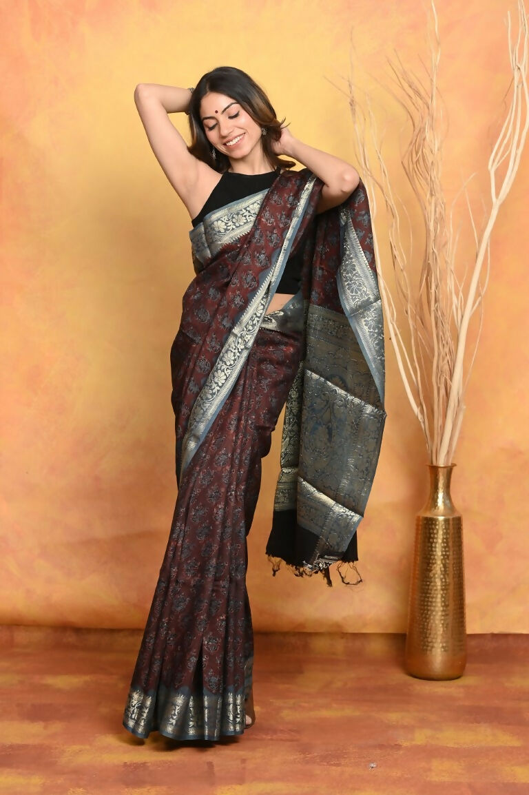 Very Much Indian Modal Silk Ajrakh Handblock Printed Natural Dyes With Designer Border Saree - Dark Maroon | Grocsy