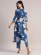 Aavyora Women's Blue Floral Printed Cotton Kurta with Trouser | Grocsy