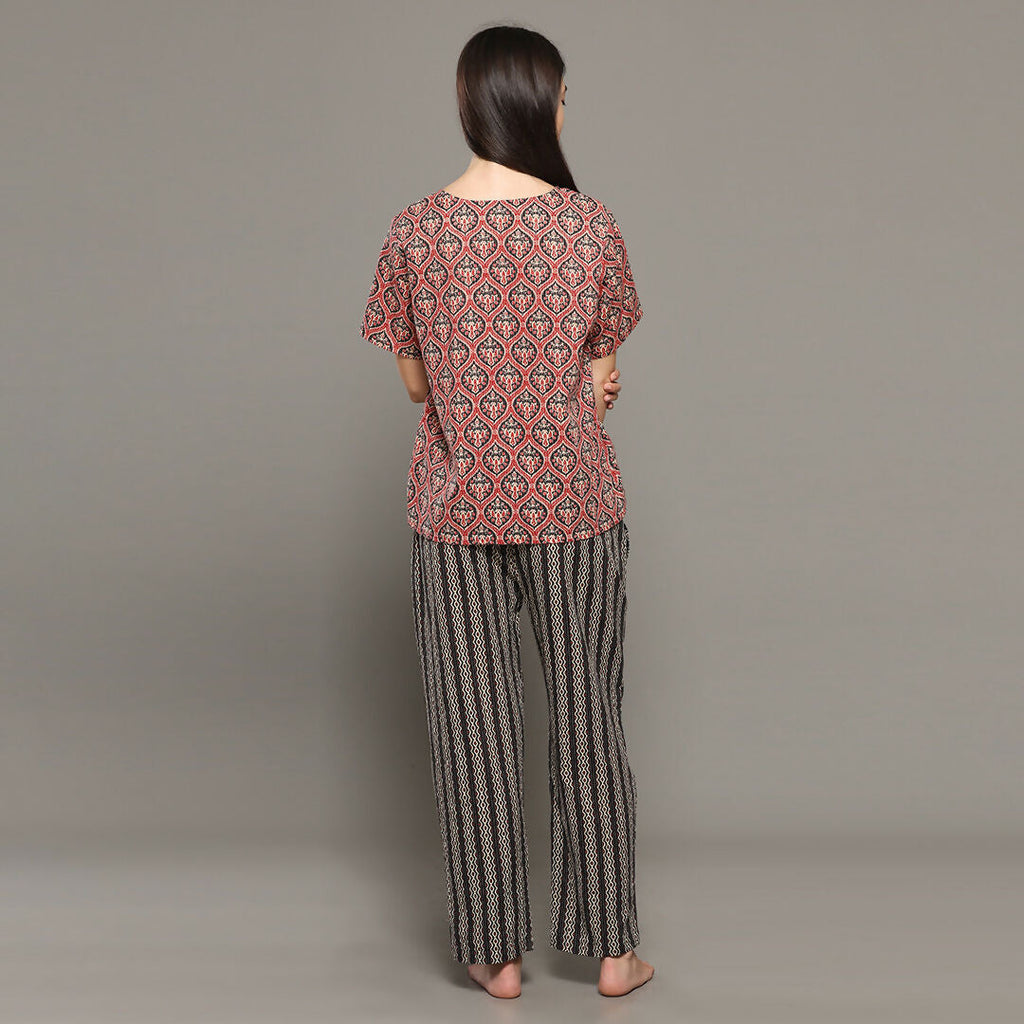 Breathables Women Cotton Printed Loungewear Kurta And Pants Co-Ord Set Red & Navy I Nightwear | Grocsy
