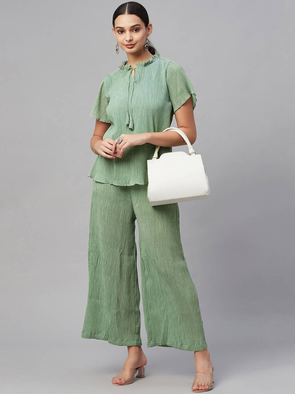 Myshka Women Green Chiffon Round Neck Top Palazzo Set | Grocsy