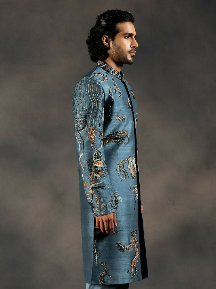 Deep Blue Hand Embroidered Indowestern Sherwani by Hilo Design | Grocsy