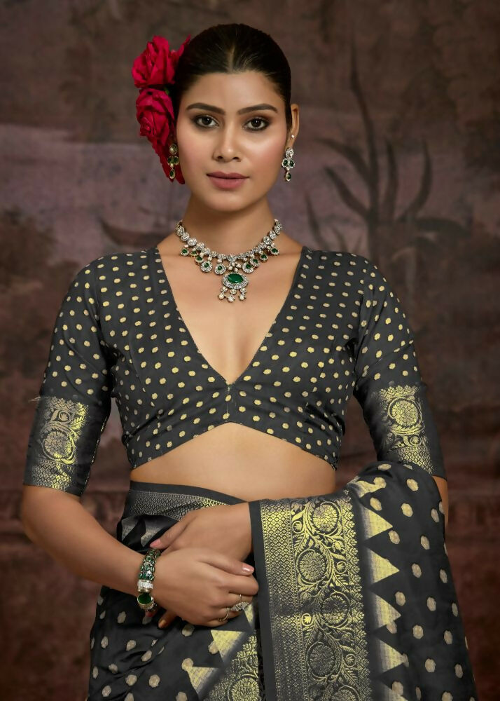 Joban Fashion Grey Dola Tussar Silk Self Jacquard Border Saree | Grocsy