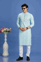 Raivat Ethnic Cotton Embroidery Kurta Pajama In Sky Blue Colour | Grocsy