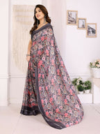 PR Fashion Black Bright Moss Satin Patta Printed Saree | Grocsy
