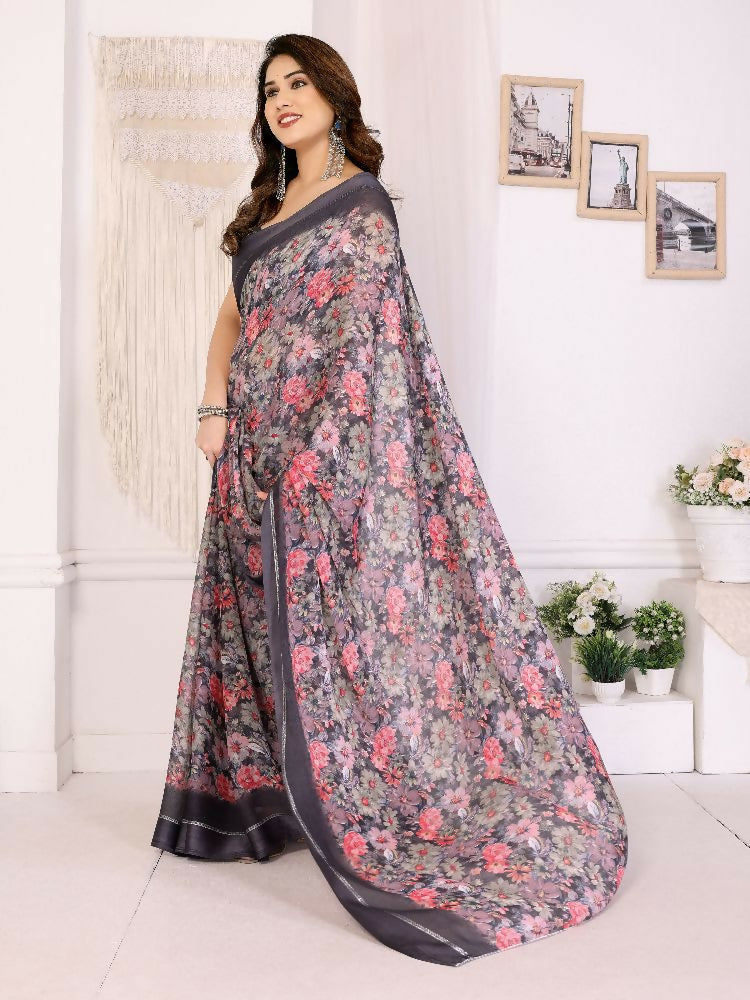 PR Fashion Black Bright Moss Satin Patta Printed Saree | Grocsy