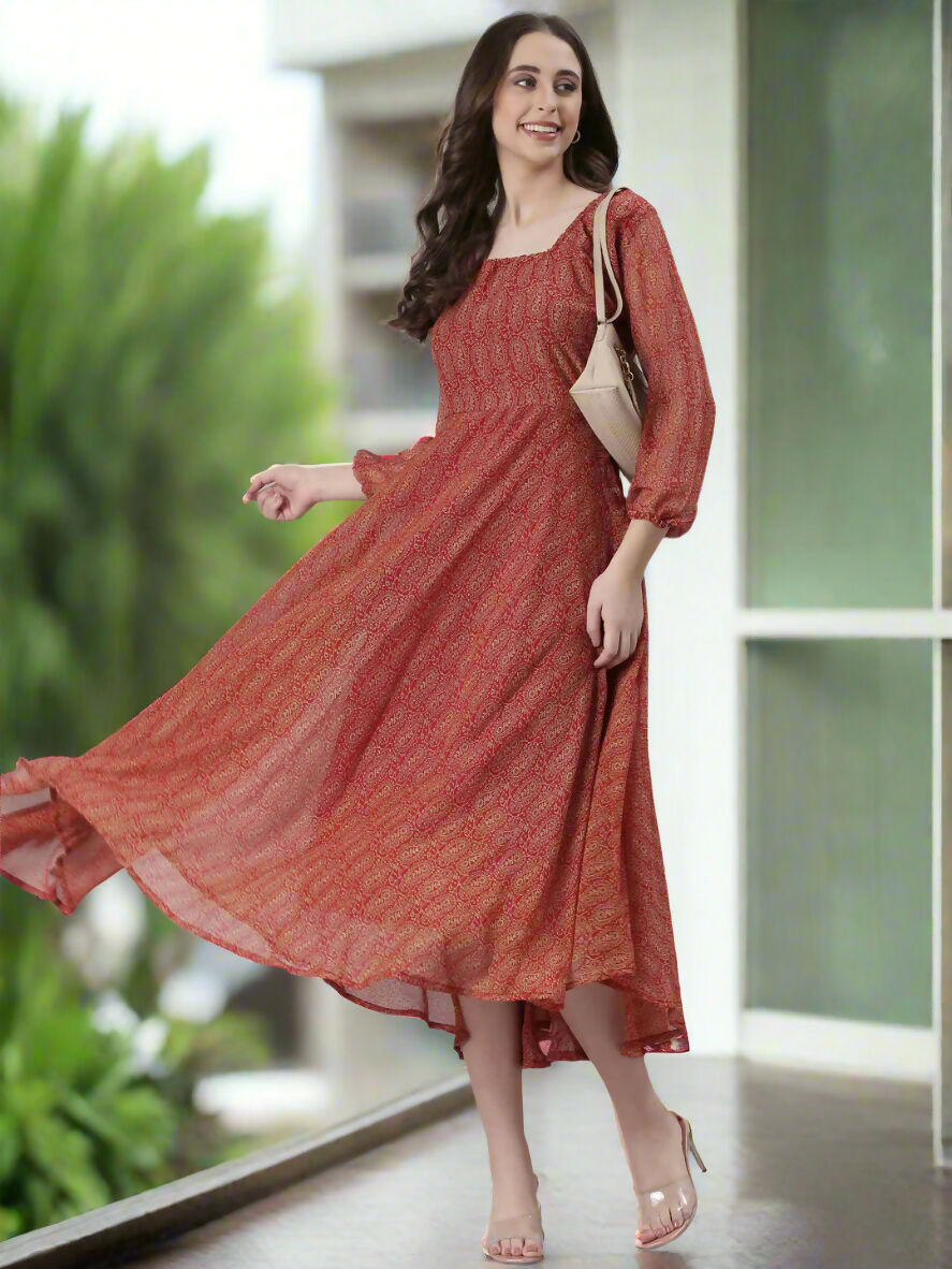 Souchii Rust Orange Printed Fit & Flare Dress | Grocsy