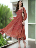 Souchii Rust Orange Printed Fit & Flare Dress | Grocsy