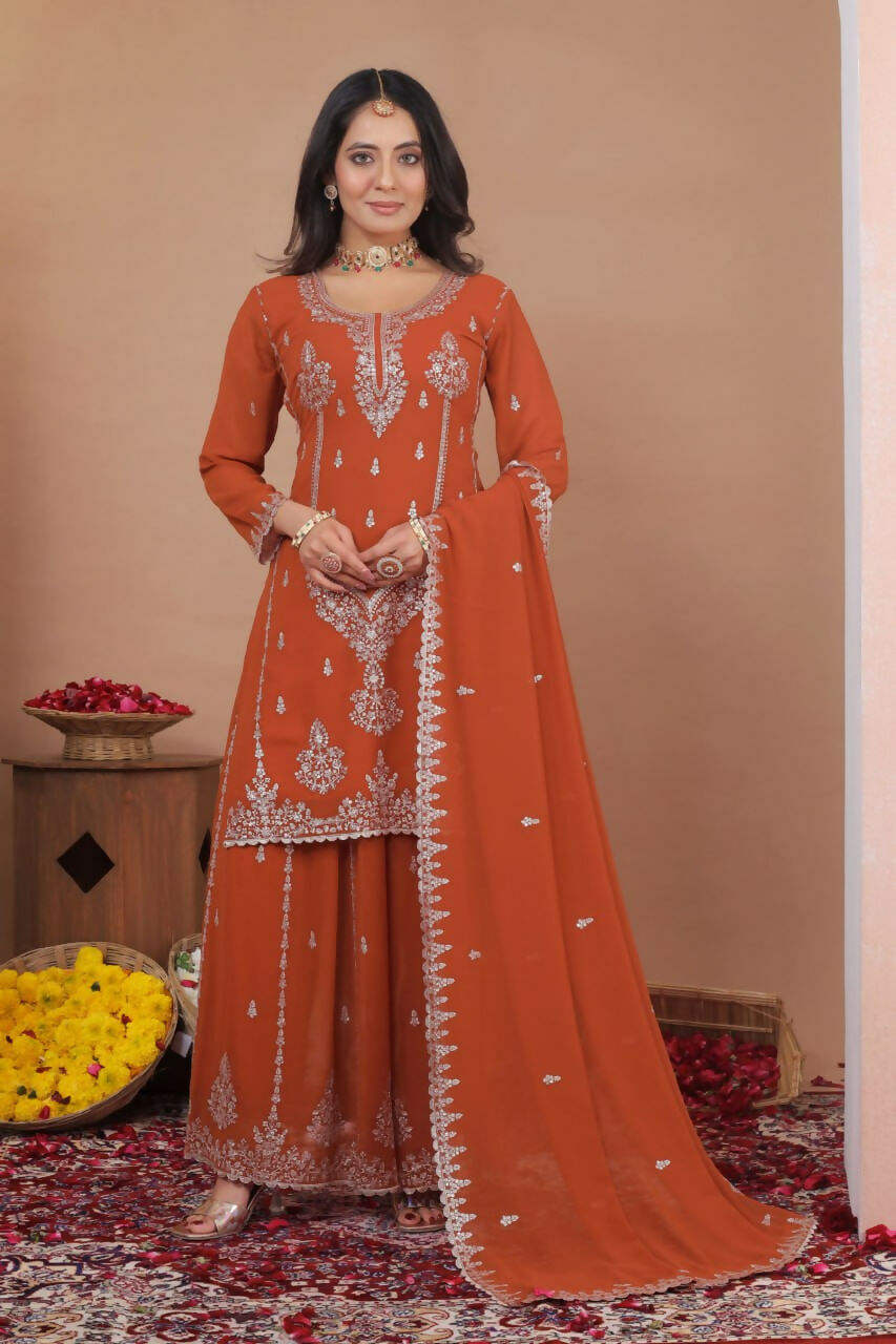 Teeya Creation Orange Color Faux Georgette Wedding Wear Trending Palazzo Set | Grocsy