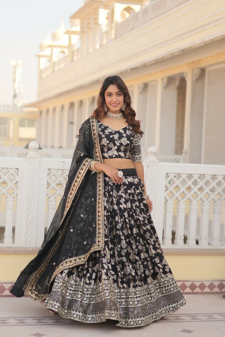 Vastranavya Designer Dyeable Pure Viscose Jacquard Fabric Lehenga Choli & Dupatta Set - Black | Grocsy