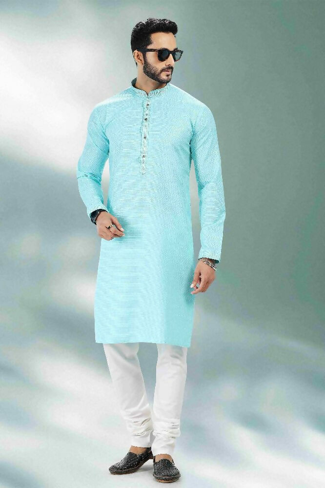 Raivat Ethnic Linen Cotton Pintux Work Kurta Pajama In Sky Blue Colour | Grocsy