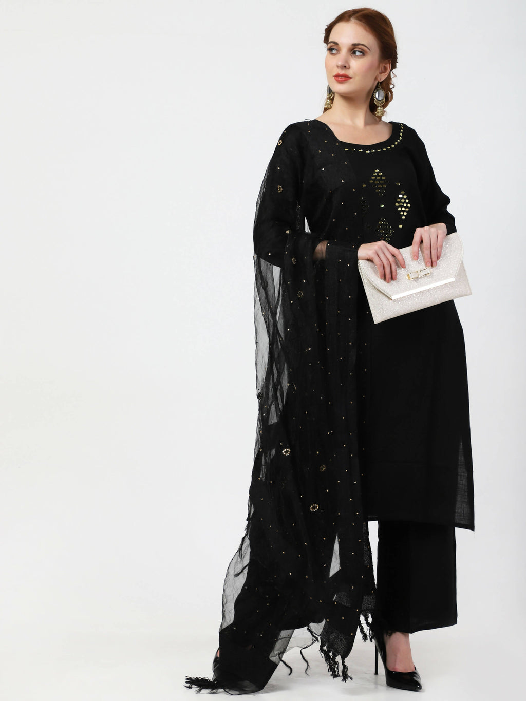 Cheera Women's Black Rayon Slub Kurta Palazzo Organza Silk Dupatta Set | Grocsy